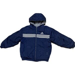 Adidas Kids Reversible Hooded Jacket Navy Blue Grey Windbreaker Youth Medium